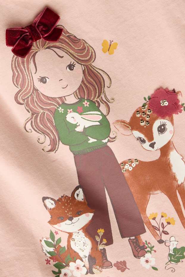 Children Girls - Woodland animals and girl - long sleeve top - shiny - light rose
