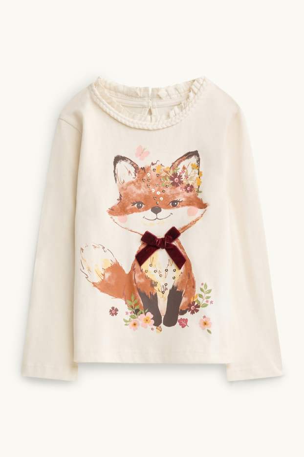 Children Girls - Fox and bow - long sleeve top - shiny - cremewhite