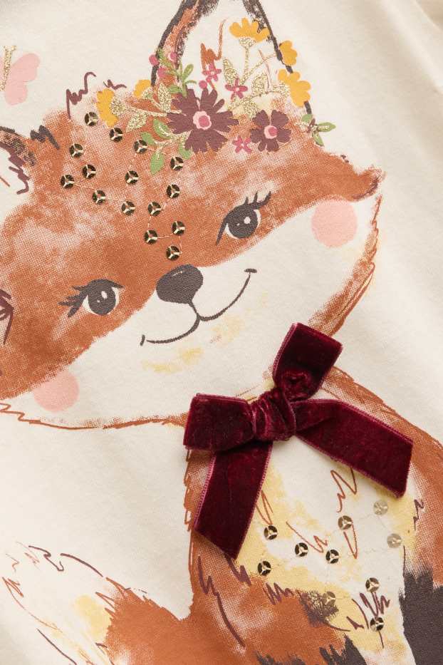 Children Girls - Fox and bow - long sleeve top - shiny - cremewhite