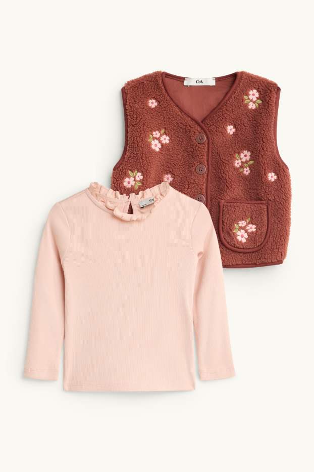 Children Girls - Floral - set - long sleeve top and teddy fur waistcoat - 2 piece - rust