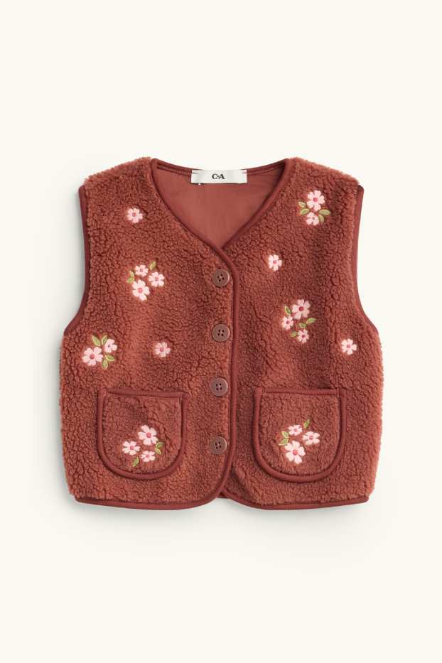 Children Girls - Floral - set - long sleeve top and teddy fur waistcoat - 2 piece - rust