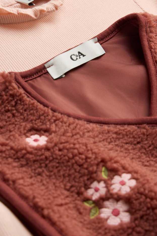 Children Girls - Floral - set - long sleeve top and teddy fur waistcoat - 2 piece - rust