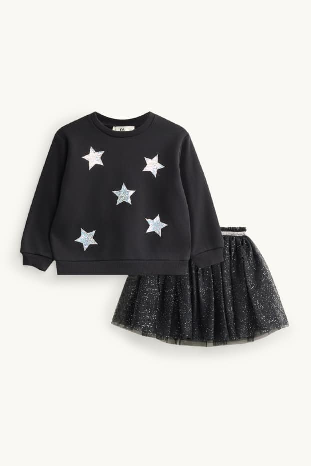 Star - set - sweatshirt and skirt - 2 piece - shiny - black