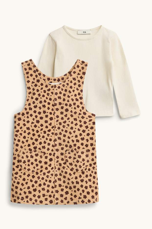 Children Girls - Set - long sleeve top and denim dress - 2 piece - beige / brown
