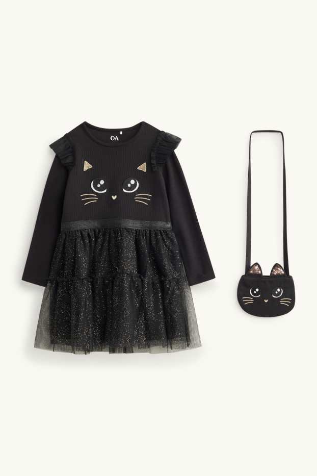 Cat - set - dress and bag - shiny - 2 piece - black