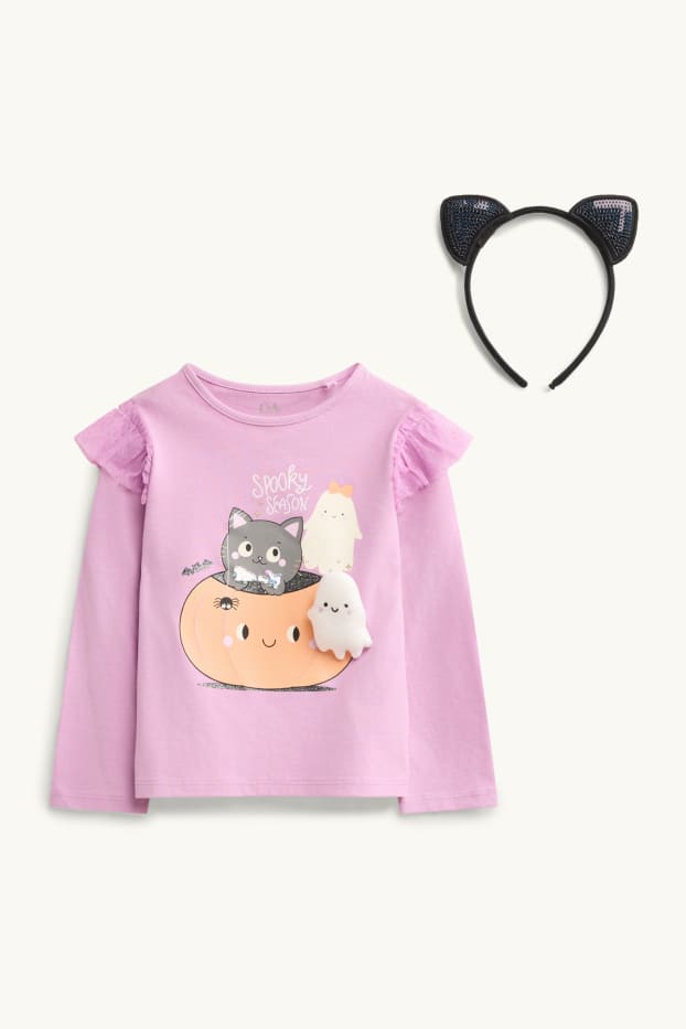 Set - Halloween - pumpkin, cat - long sleeve top and Alice band - lilac