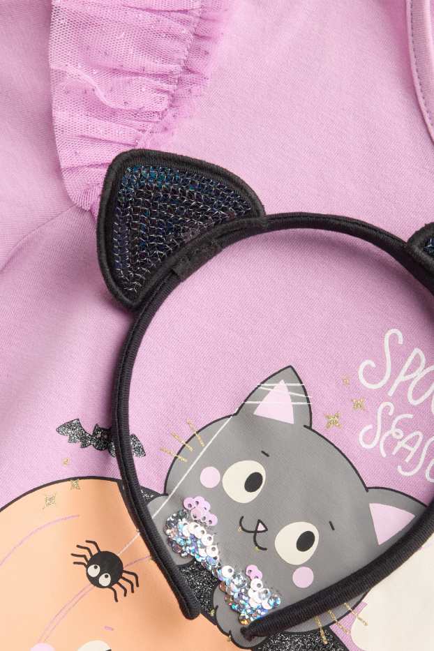Set - Halloween - pumpkin, cat - long sleeve top and Alice band - lilac
