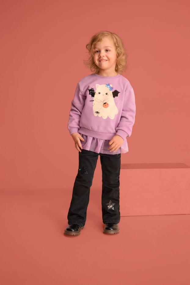 Children Girls - Star - flared jeans - thermal jeans - black