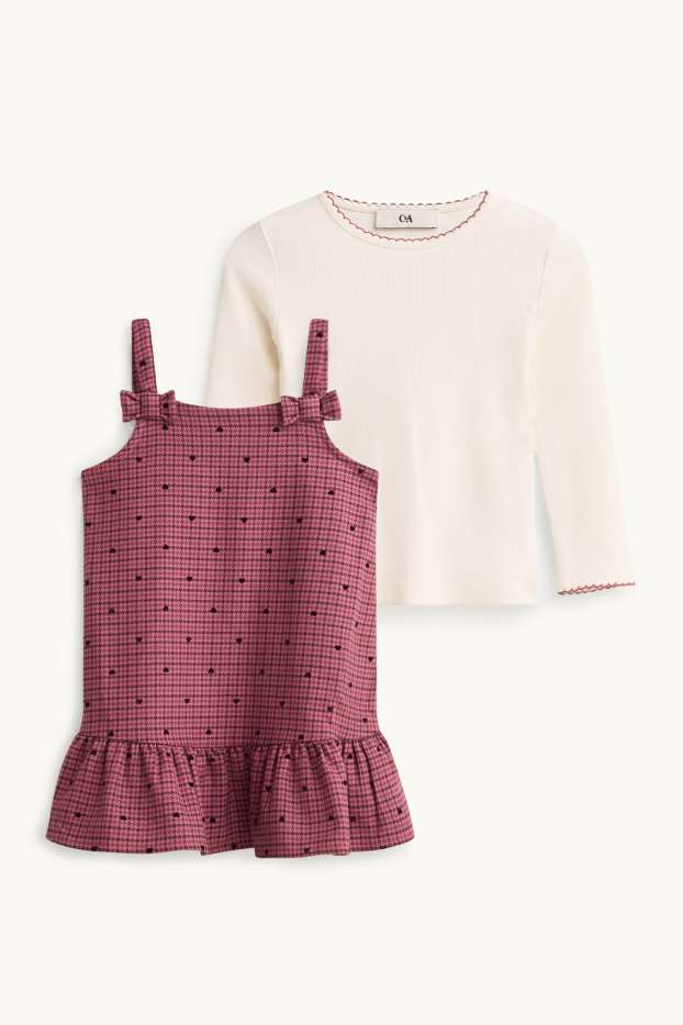 Children Girls - Heart - set - pinafore dress and long sleeve top - 2 piece - pink