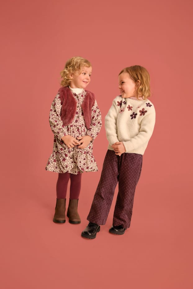 Children Girls - Heart - corduroy trousers - polka dot - bordeaux