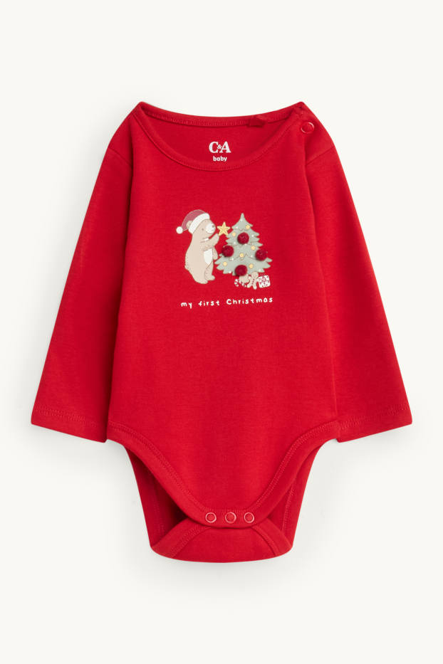 Baby Boys - Bear and Christmas tree - newborn Christmas outfit - red / cremewhite