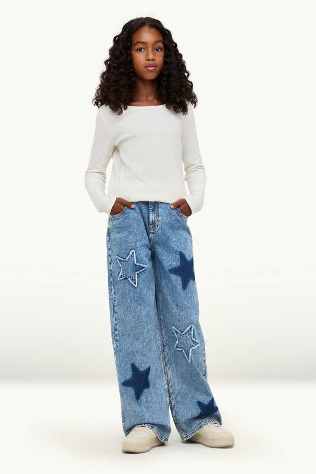 Children Girls - Star - wide leg jeans - blue denim