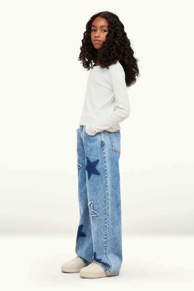Children Girls - Star - wide leg jeans - blue denim