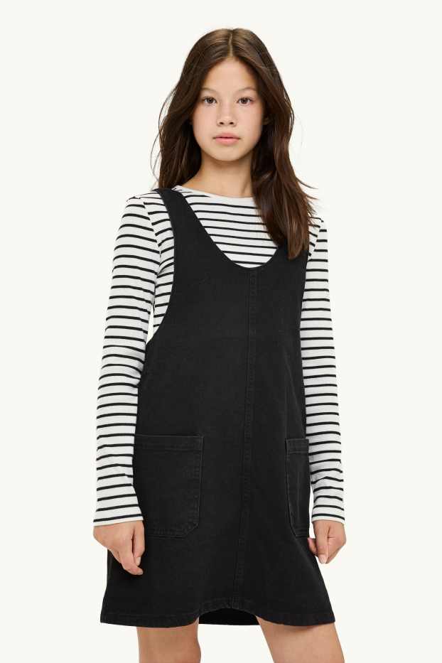 Children Girls - Set - long sleeve top and denim pinafore dress - 2 piece - black / white