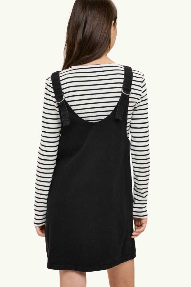 Children Girls - Set - long sleeve top and denim pinafore dress - 2 piece - black / white