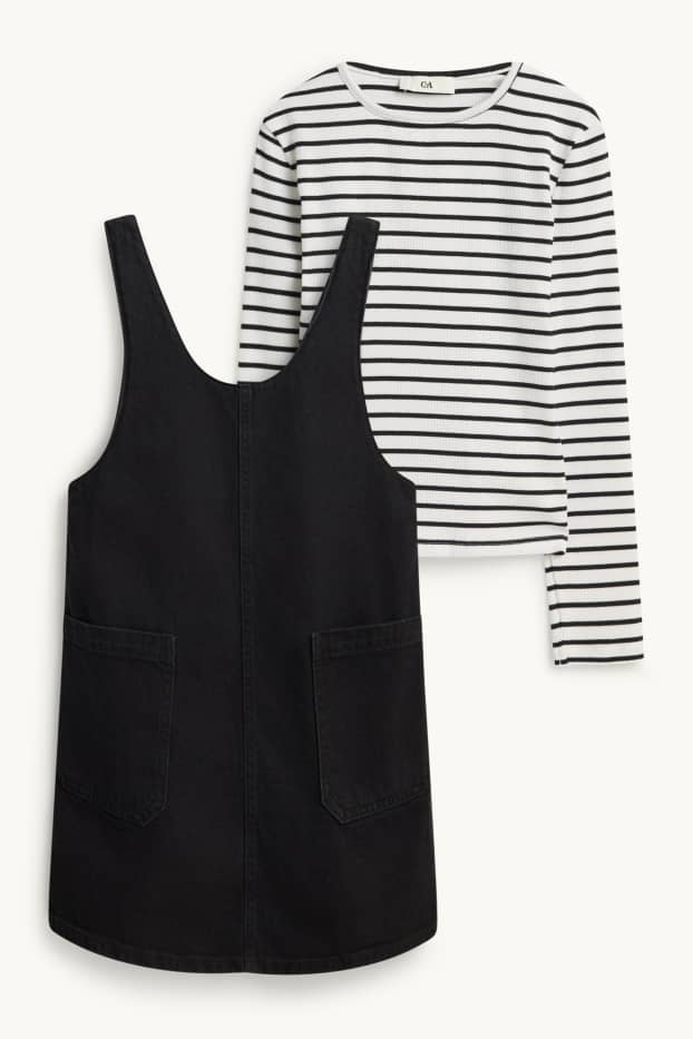 Children Girls - Set - long sleeve top and denim pinafore dress - 2 piece - black / white