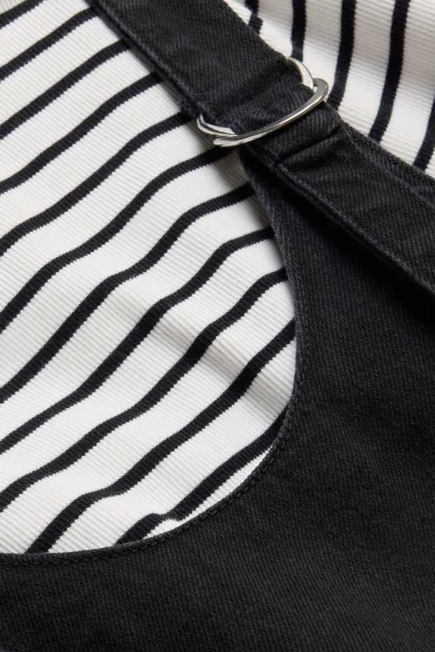 Children Girls - Set - long sleeve top and denim pinafore dress - 2 piece - black / white