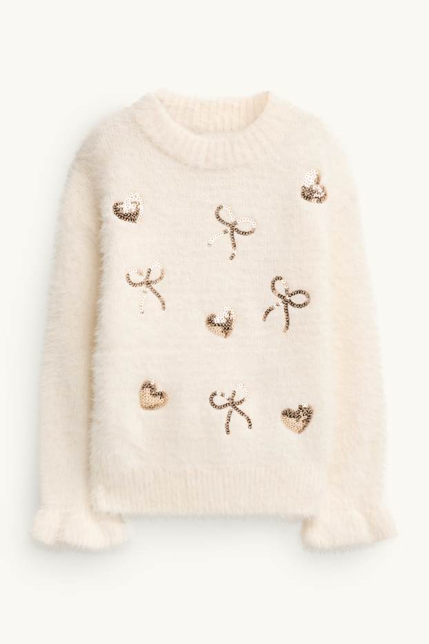 Children Girls - Heart and bow - jumper - shiny - cremewhite