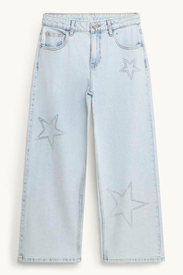Children Girls - Star - wide leg jeans with rhinestones - denim-light blue