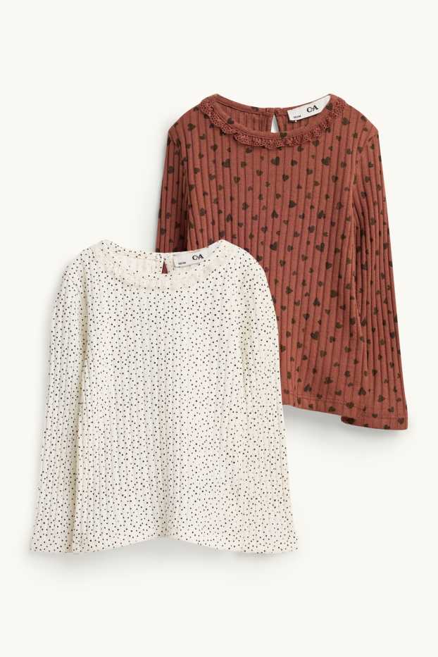 Children Girls - Multipack of 2 - heart - long sleeve top - ribbed - brown / cremewhite