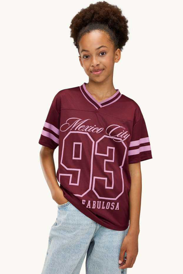 Children Girls - Short sleeve T-shirt with V-neck - oversized - rose / dark red