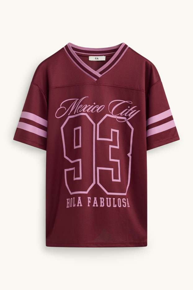 Children Girls - Short sleeve T-shirt with V-neck - oversized - rose / dark red