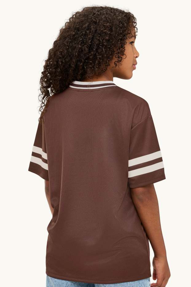 Children Girls - Short sleeve T-shirt with V-neck - oversized - brown / cremewhite