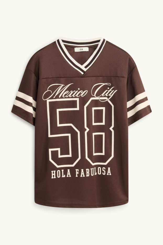 Children Girls - Short sleeve T-shirt with V-neck - oversized - brown / cremewhite
