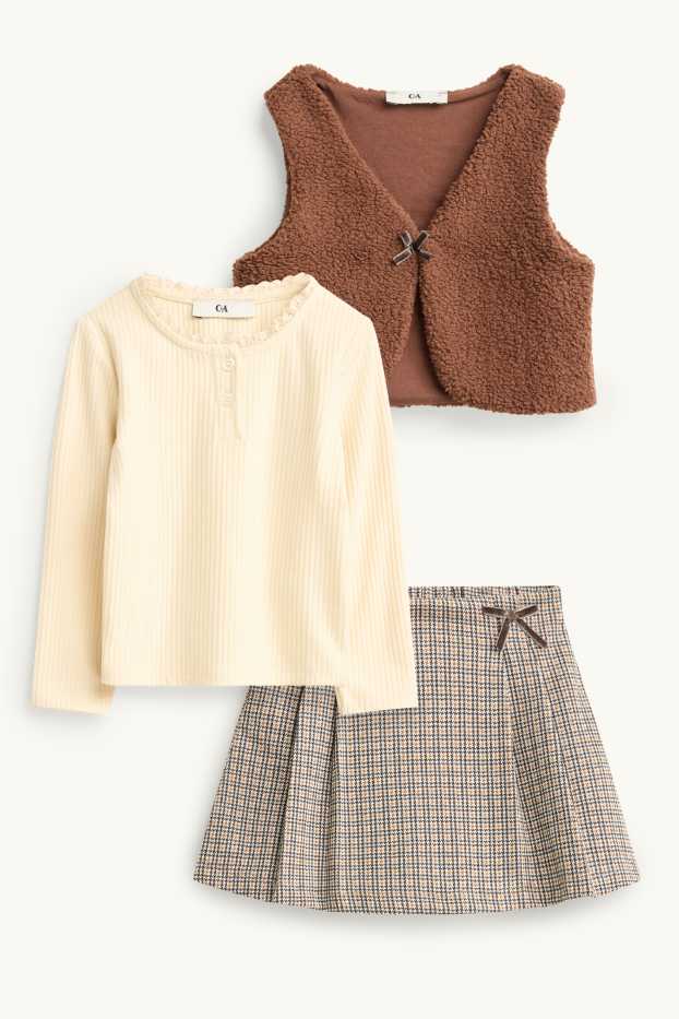 Children Girls - Bow - set - waistcoat, long sleeve top and skort - 3 piece - brown / beige