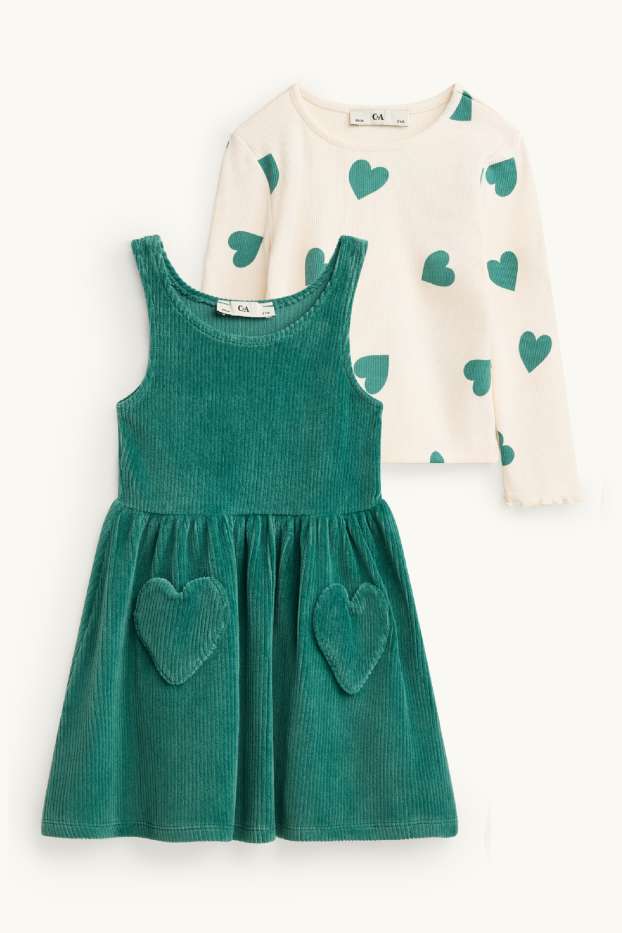 Children Girls - Heart - set - corduroy dress and long sleeve top - 2 piece - petrol