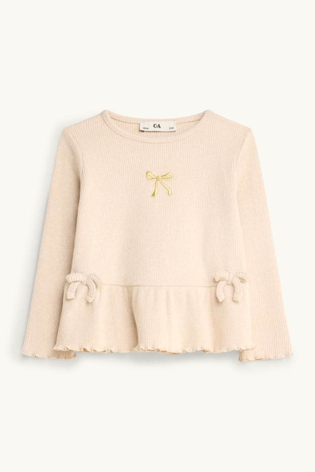 Children Girls - Bow - long sleeve top - ribbed - light beige