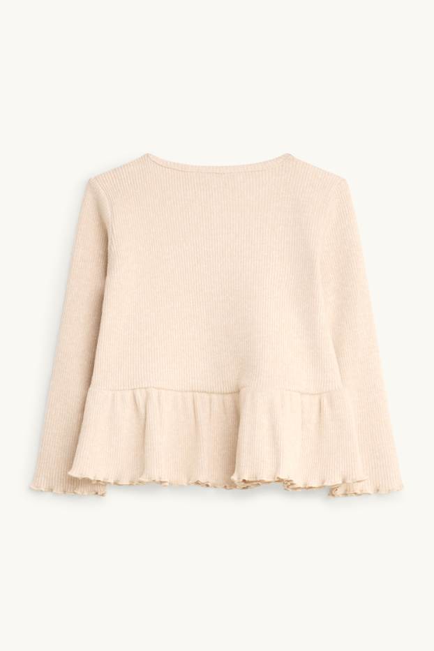 Children Girls - Bow - long sleeve top - ribbed - light beige