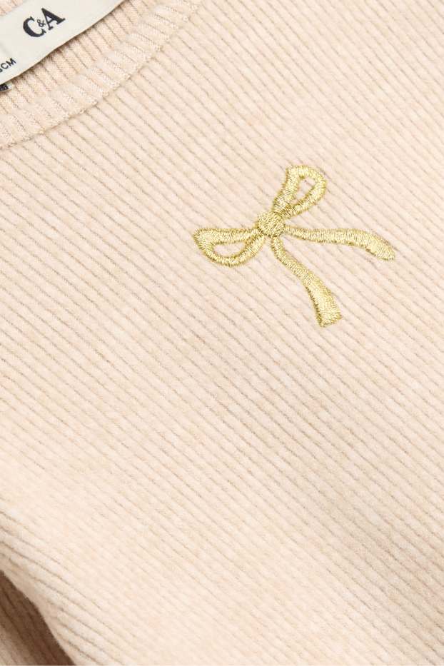 Children Girls - Bow - long sleeve top - ribbed - light beige