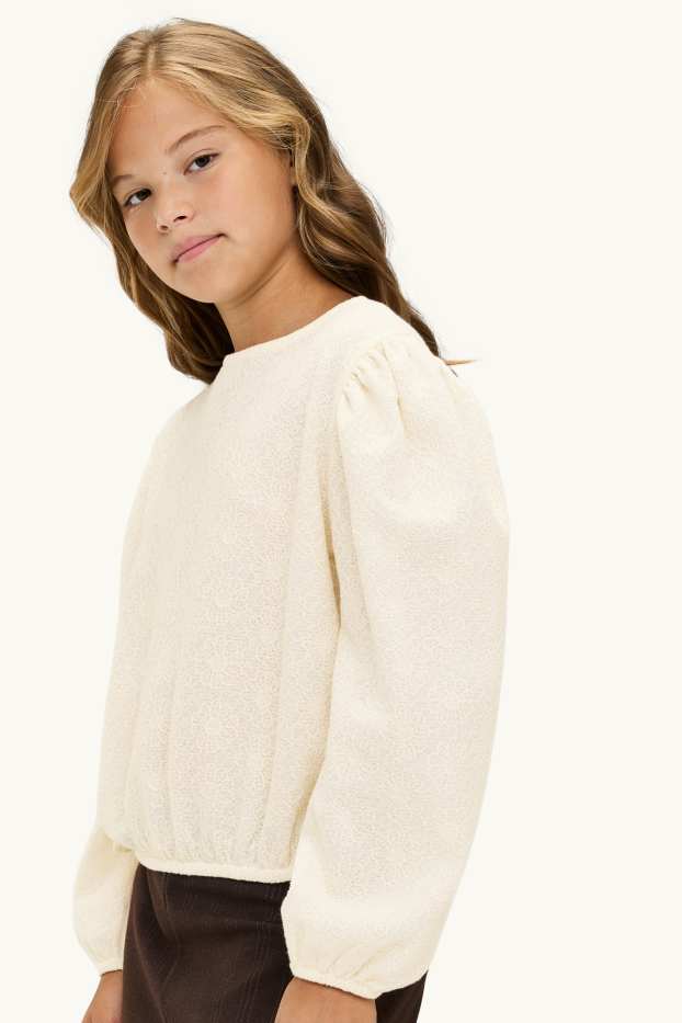Children Girls - Floral - long sleeve top - textured - creme