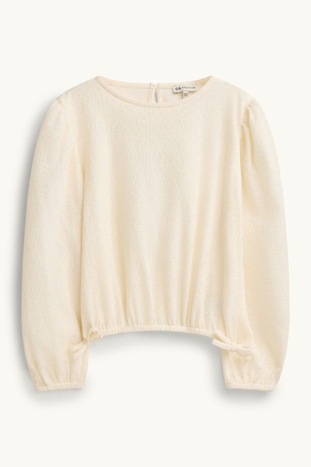 Children Girls - Floral - long sleeve top - textured - creme