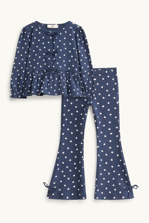 Children Girls - Heart - set - long sleeve top and leggings - ribbed - 2 piece - blue / white