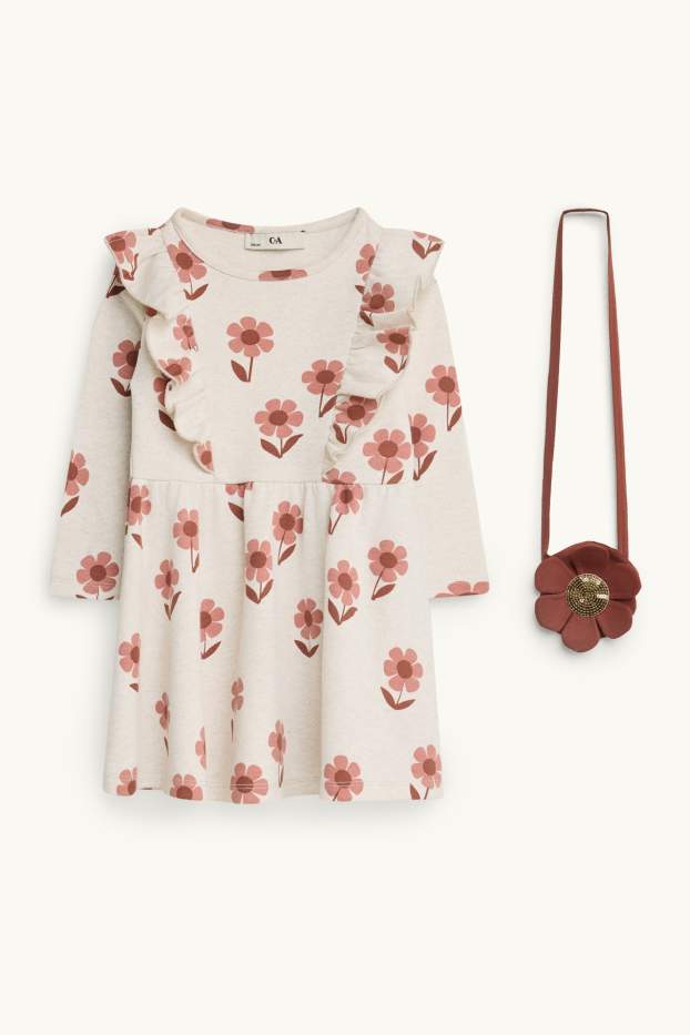 Children Girls - Floral - set - dress and bag - 2 piece - beige / brown