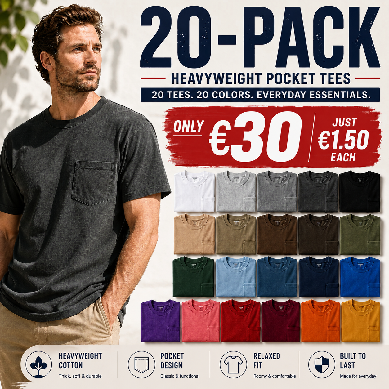 Men’s Heavyweight Cotton Pocket T-Shirt – Relaxed Fit Everyday Tee
