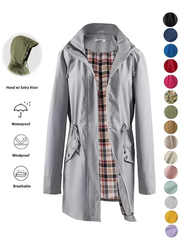 ❤️‍🔥New Arrival-49% OFF🥰Women's Solid Color Casual Jacket-Waterproof and Windproof Coats, Hooded Windbreakers✨Drawstring Waist, Zip & Button Closure, Casual Outerwear Coat for Spring & Fall🍃