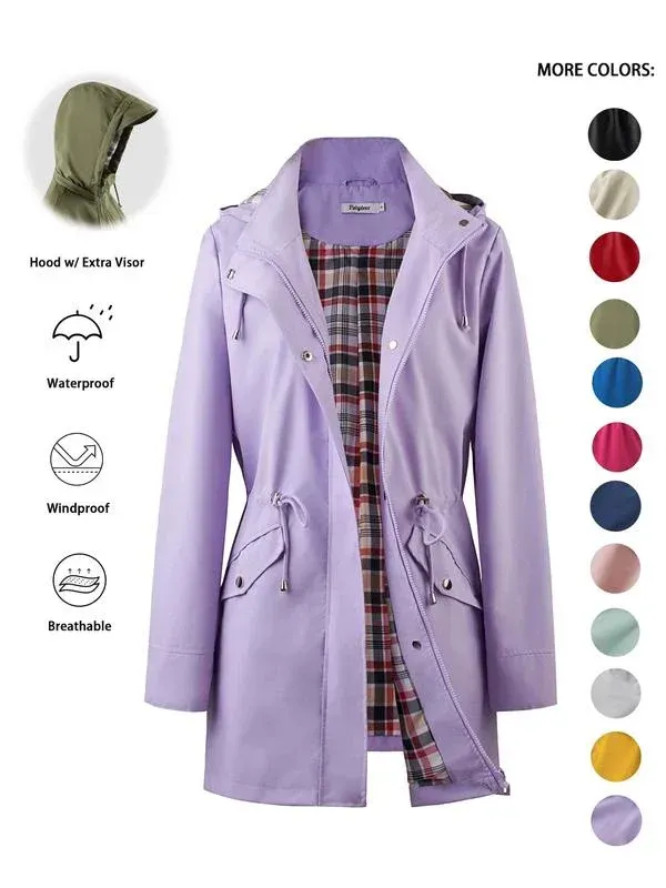 ❤️‍🔥New Arrival-49% OFF🥰Women's Solid Color Casual Jacket-Waterproof and Windproof Coats, Hooded Windbreakers✨Drawstring Waist, Zip & Button Closure, Casual Outerwear Coat for Spring & Fall🍃