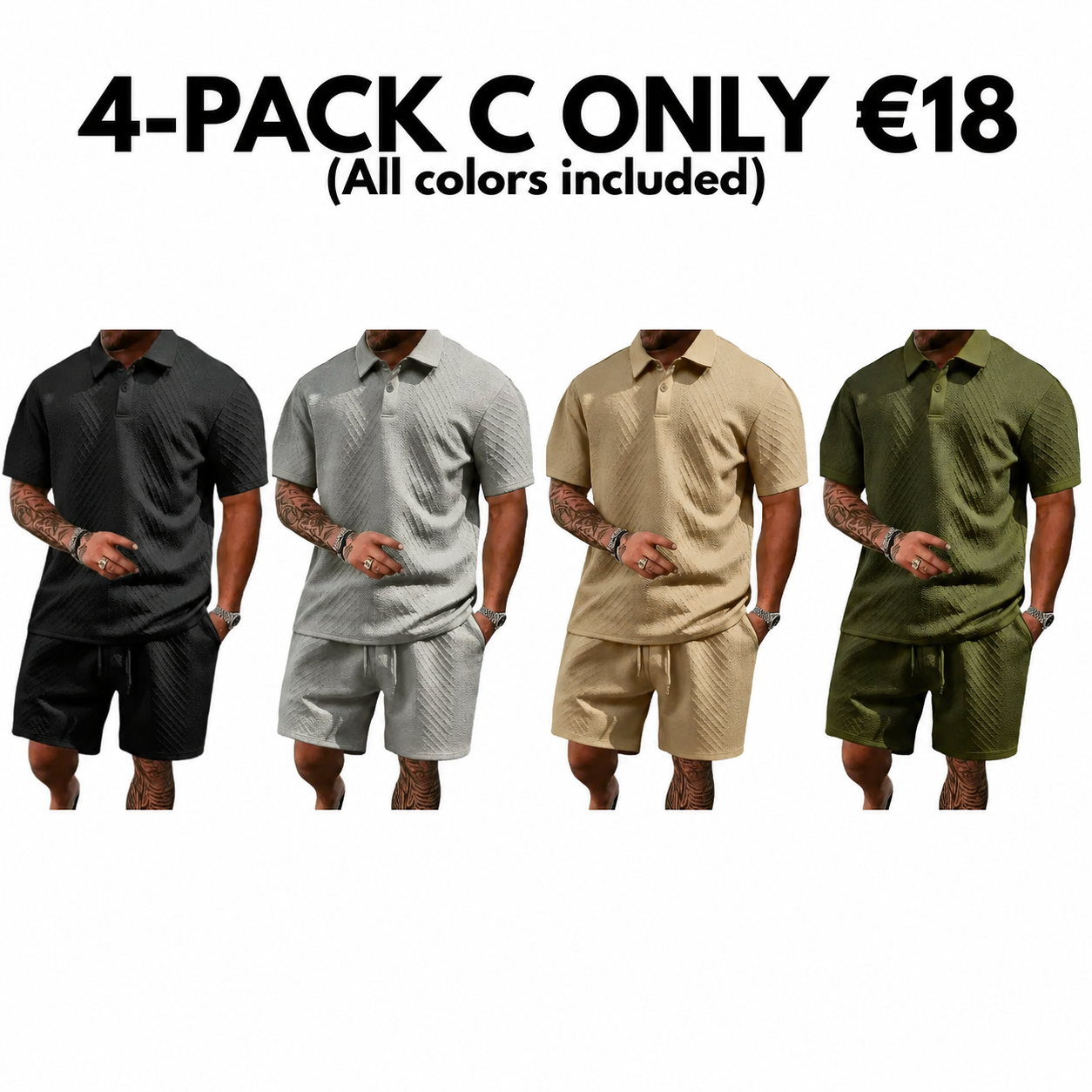 Men's summer casual texture fabric solid color polo shirt T-shirt shorts 2-piece set