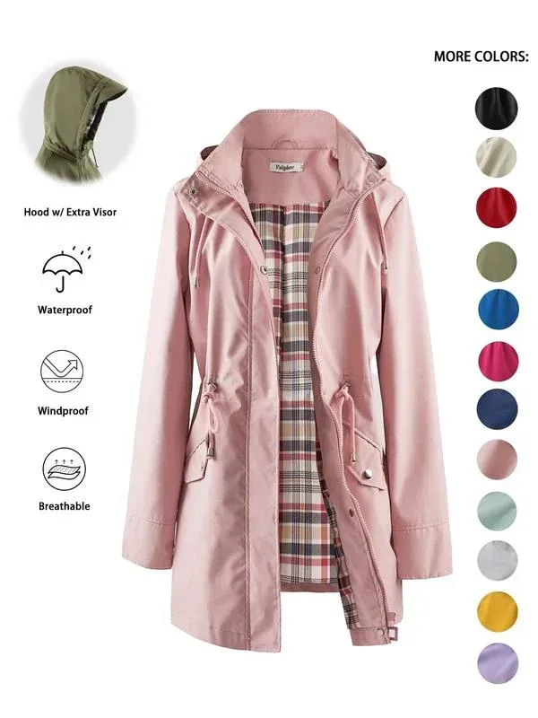 ❤️‍🔥New Arrival-49% OFF🥰Women's Solid Color Casual Jacket-Waterproof and Windproof Coats, Hooded Windbreakers✨Drawstring Waist, Zip & Button Closure, Casual Outerwear Coat for Spring & Fall🍃