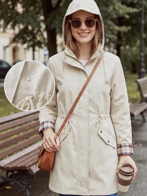 ❤️‍🔥New Arrival-49% OFF🥰Women's Solid Color Casual Jacket-Waterproof and Windproof Coats, Hooded Windbreakers✨Drawstring Waist, Zip & Button Closure, Casual Outerwear Coat for Spring & Fall🍃