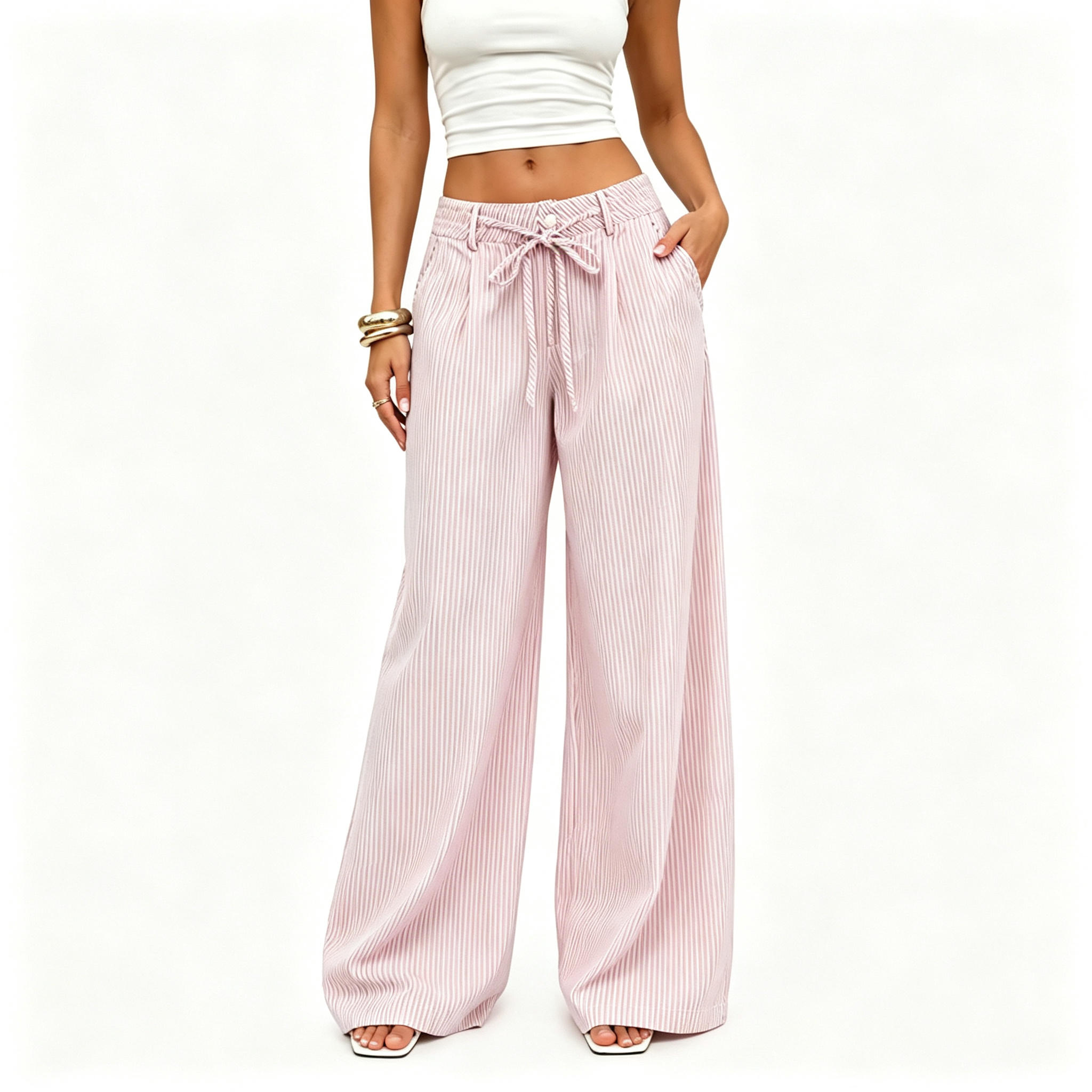 ⚡FINAL SALE⚡- Women's  Striped With Pockets Black Baggy Low Rise Wide Leg Pants