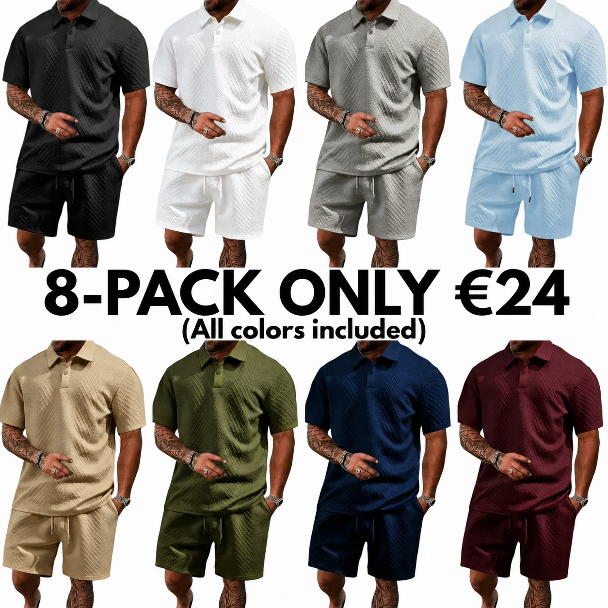 Men's summer casual texture fabric solid color polo shirt T-shirt shorts 2-piece set