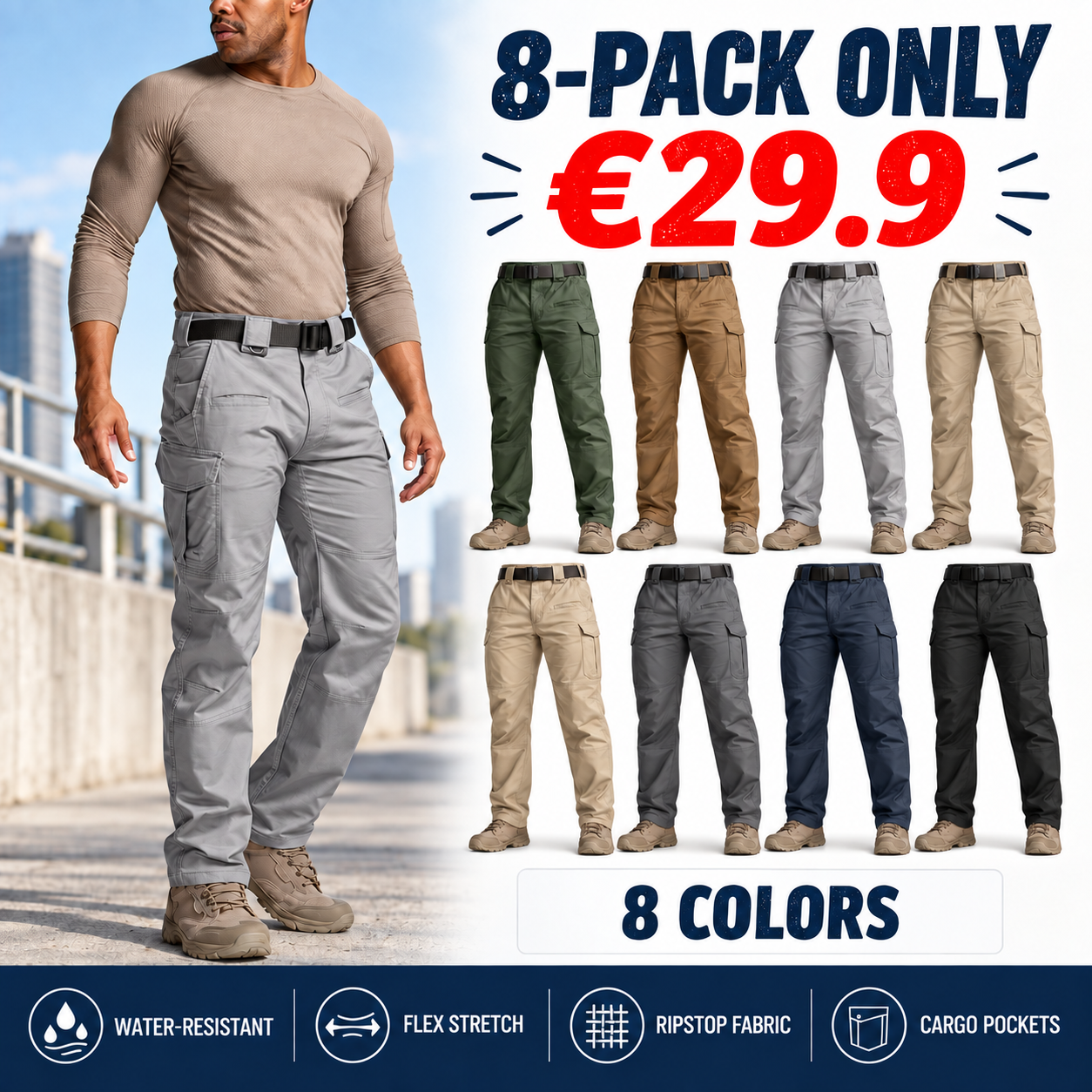 Men's Flex Stretch Tactical Pants, Water Resistant Ripstop Cargo Pants