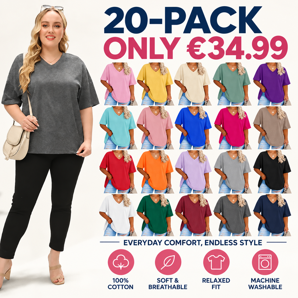 🔥 Limited-Time Offer:Women's Plus Size V Neck T Shirts Loose Fit Cotton Tunic Tops