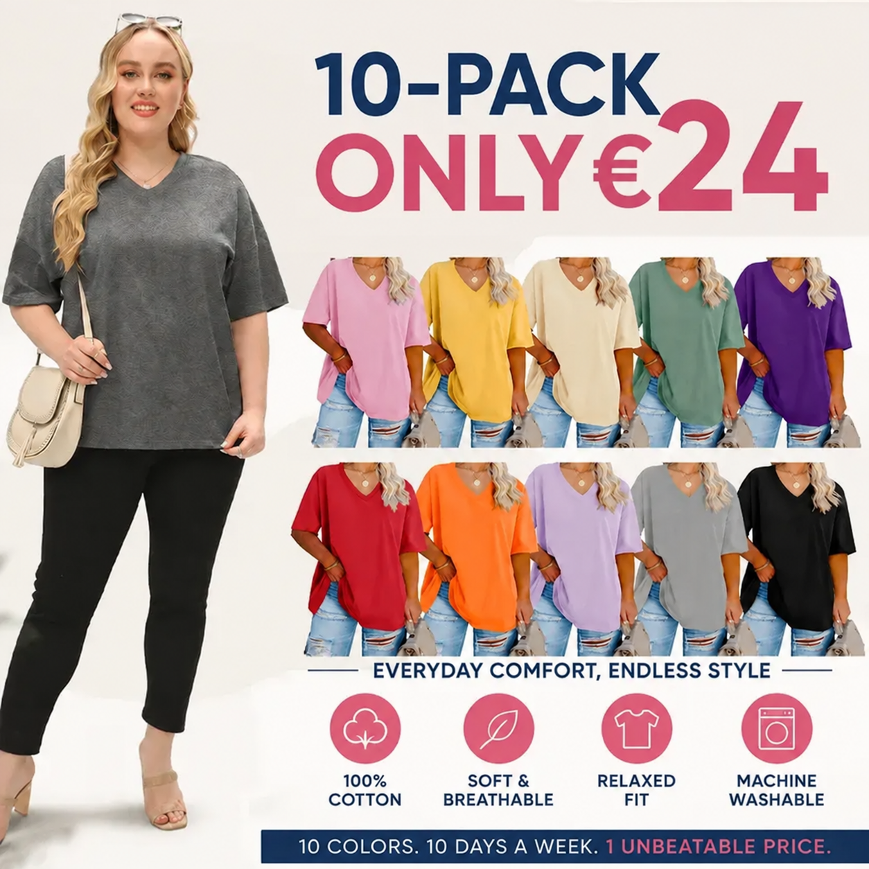 🔥 Limited-Time Offer:Women's Plus Size V Neck T Shirts Loose Fit Cotton Tunic Tops