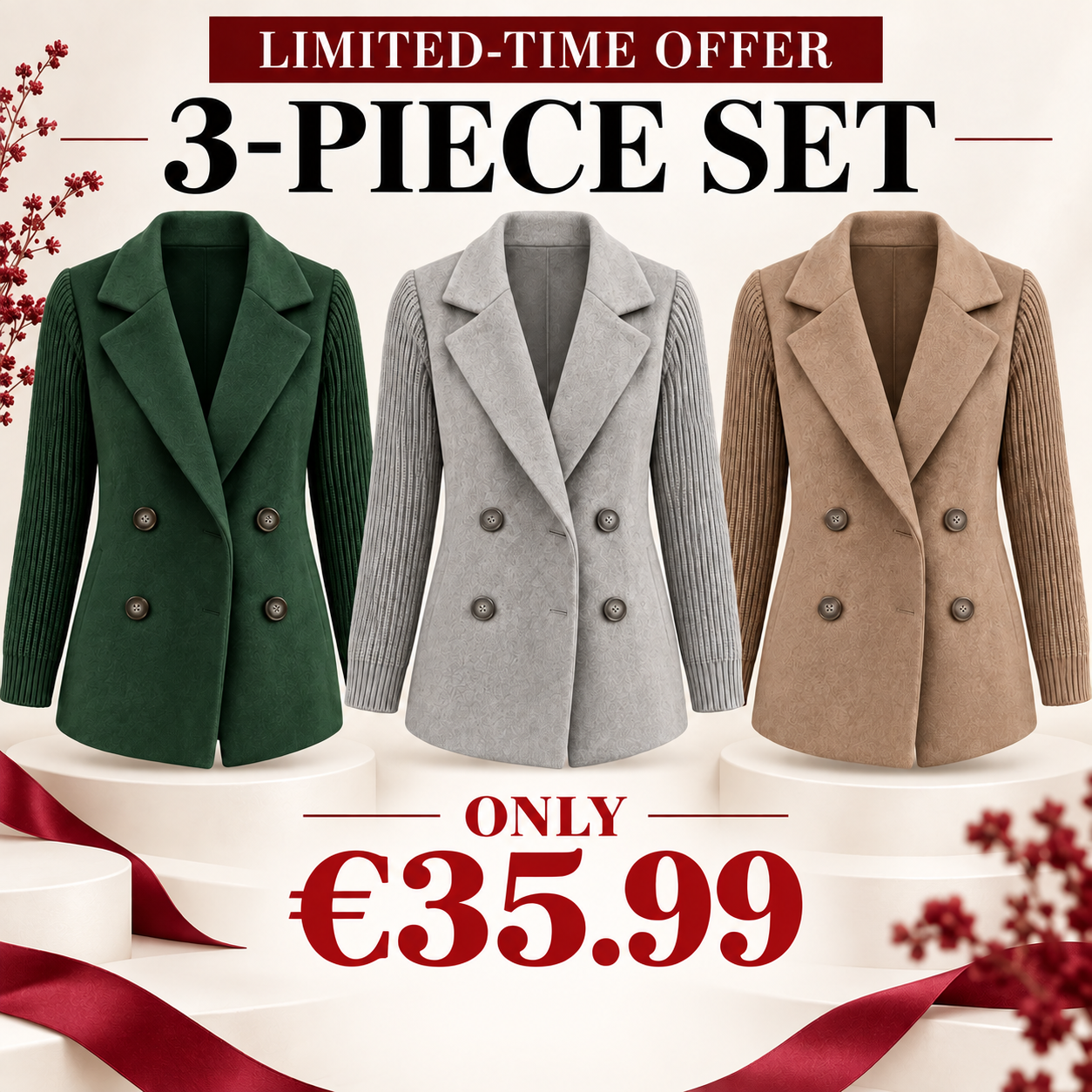 Three blazers in Forest Green, Soft Grey and Camel