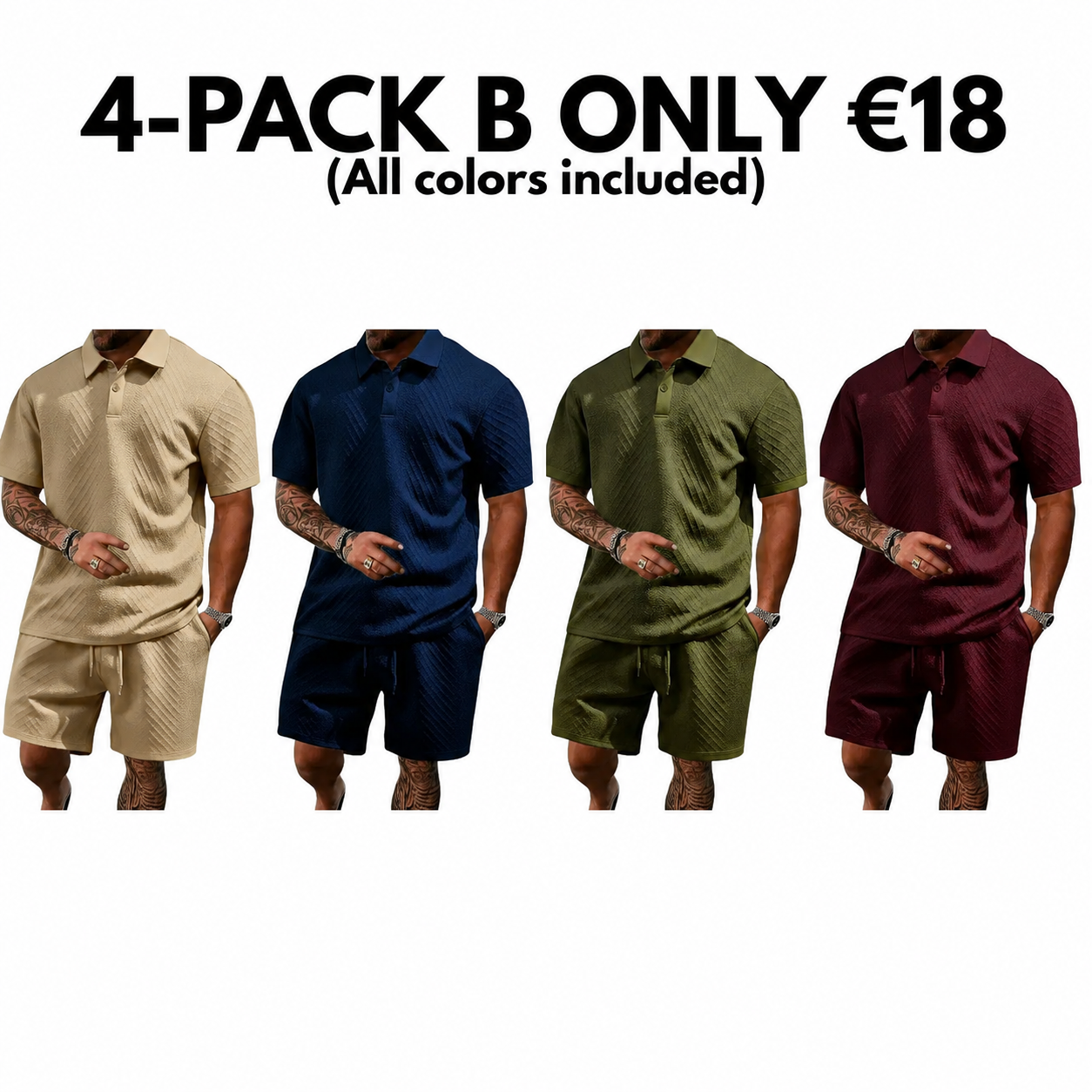 Men's summer casual texture fabric solid color polo shirt T-shirt shorts 2-piece set